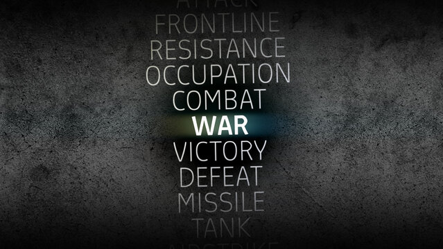 Grunge textured wall background with illuminated war-related keywords and central emphasis on WAR, evoking a gritty atmosphere of conflict, propaganda, and historical tension.
