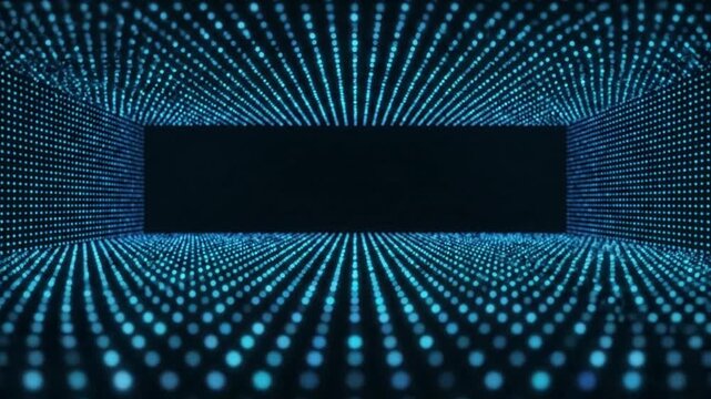 A futuristic digital tunnel with a black rectangular portal surrounded by blue dots arranged in radial lines on a dark background.