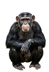 Fototapeta premium Chimpanzee sitting with arms crossed over knees, dark fur, light-colored face, looking directly at the camera against a plain white background — clear and detailed view of the species.