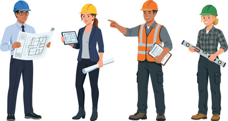 Obraz premium Construction Workers Team with Blueprints and Tools in Professional Workwear Diverse Group of Engineers Vector Illustration