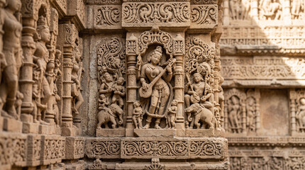 Obraz premium Ancient indian temple wall with detailed stone carvings of figures and ornate patterns, showcasing rich cultural and artistic heritage, historical artwork