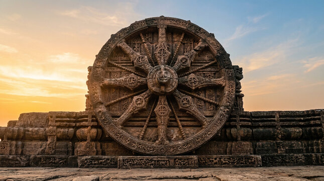 Ancient intricately carved stone sun wheel at konark sun temple depicting detailed carvings and architectural grandeur against a dramatic sunset sky in odisha india