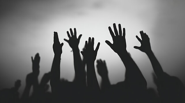 Silhouettes of many hands raised against a hazy, overcast sky, suggesting a plea for help or a moment of collective reflection.