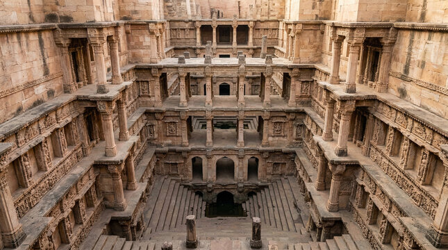 Chand baori stepwell in abhaneri rajasthan india overhead view of ancient intricate geometric structure with symmetrical steps and pillars
