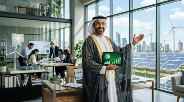 Man In Traditional Arabic Clothing Holds Tablet With Green Financial Chart In Modern Office With Solar Panels Outside