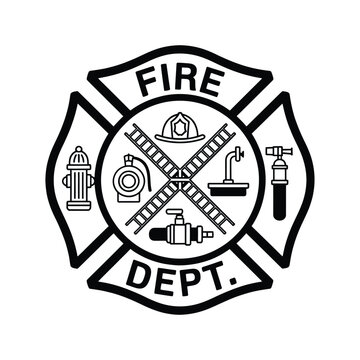 A black and white fire department maltese cross emblem with firefighting tools