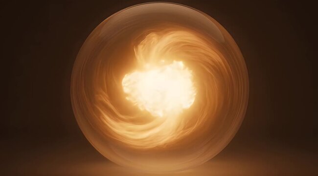 A transparent sphere encasing vibrant, swirling golden-orange energy on dark background
