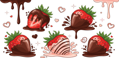 Chocolate Covered Strawberry Vector Set with Dripping Chocolate, Sweet Dessert Berries, Hearts and Splash Elements for Valentine Dessert Design and Food Illustration © Selim Studio