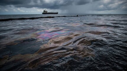 Fototapeta premium Oil Slick On Water Surface With Cargo Ship In Background Under Cloudy Sky