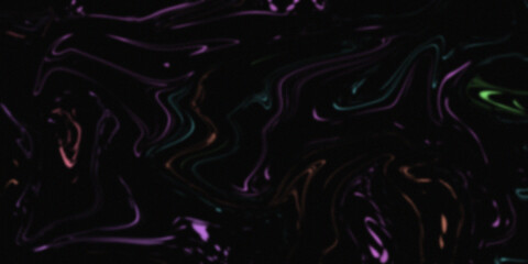 Abstract dark background with flowing liquid neon light trails in purple green and orange hues © GMEgazul