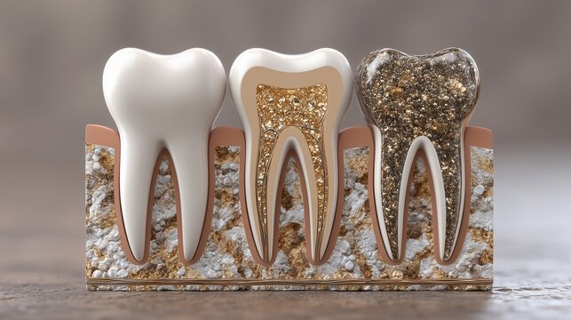 Three tooth model cross-sections showing healthy enamel, demineralized enamel, and eroded enamel illustrating tooth enamel resistance against erosion.