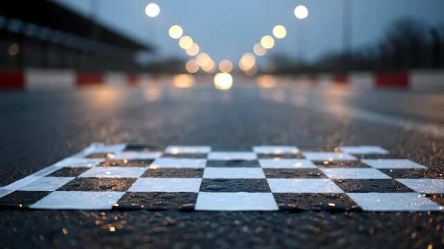 Finish line on race track at night.