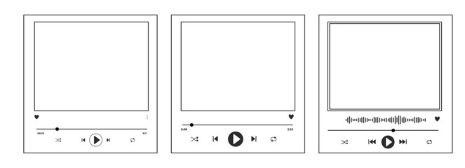 Video music player display frame, line doodle bar with buttons, progress line, sound. Hand drawn border, media window. Panel icon, © Alyona