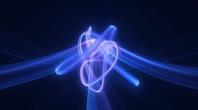 Abstract blue and purple glowing light ribbons forming a complex knot on dark background