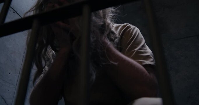 Medium low angle tracking shot of prisoner with messy long hair in prison cell rubbing his eyes as the camera tracks right and pans left.