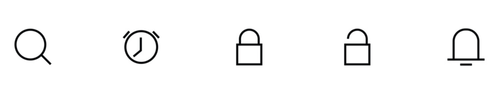 Collection of various line icons including magnifying glass clock lock and alarm bell on white background