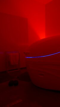 Vertical video of a man entering a hyper-saline float pod at Float Center Ljubljana in Ljubljana, Slovenia. Sensory deprivation spa session with neon lighting for relaxation and recovery