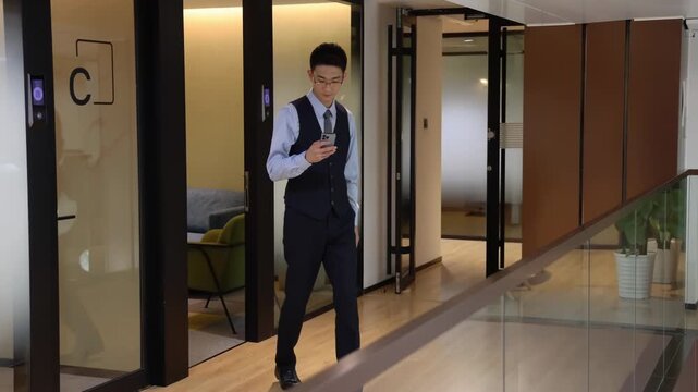 Business elite with high spirits in a formal suit walks out of meeting room, leans on railing, and happily looks at their phone walking along corridor of leading company