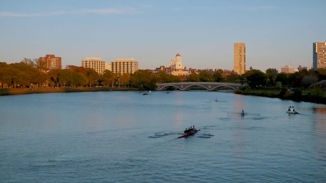 Multiple Rowing Teams Rowing on Charles River Boston Massachusetts