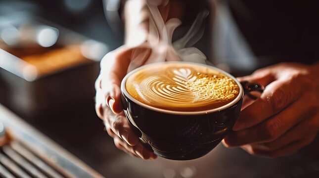 Skilled barista pours steamed milk into a latte art design on espresso coffee in a dark moody cafe setting showcasing craftsmanship and warm beverage indulgence