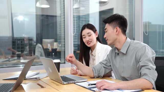 Leader training, review, glitch with business people at computer for teamwork Learning, help or assistance with manager man woman employee working to correct an error, presentation or training staff