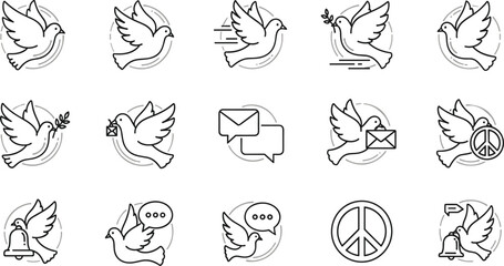 Obraz premium Peace Dove Line Icon Set with Flying Birds, Olive Branch, Message, Bell and Peace Symbols Isolated on White Background for Minimal Outline Design