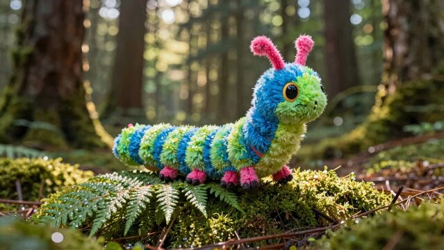 Plush caterpillar in mossy forest