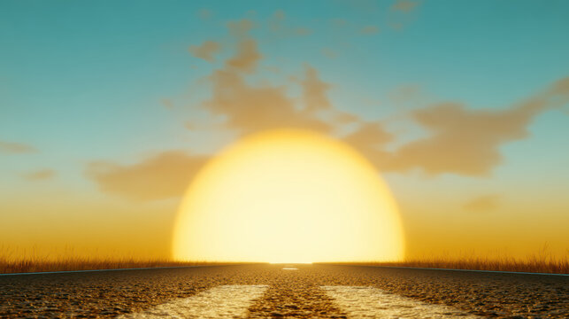 Golden sunrise on empty rural road with glowing sun on horizon and warm sky