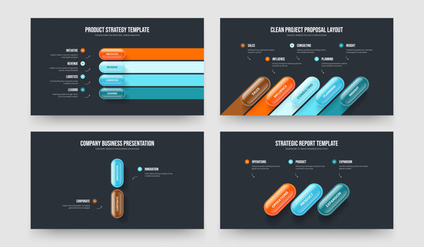 Creative Review Four Five Two Three Step Infographic Slide Design Vector Illustration Bundle. Digital Showcase 4 5 2 3 Option Diagram Slideshow Layout Collection.