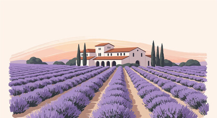 Obraz premium Lavender field white house sunset warm orange sky
