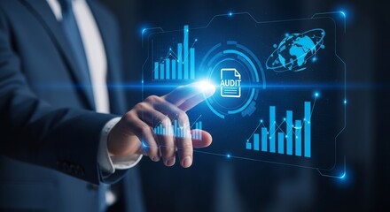 Fototapeta premium Business professional touching AI technology interface with global data analytics hologram