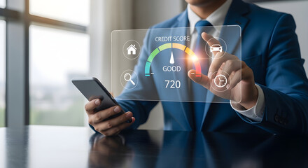 Obraz premium Businessman in blue suit interacts with futuristic interface on phone indoors