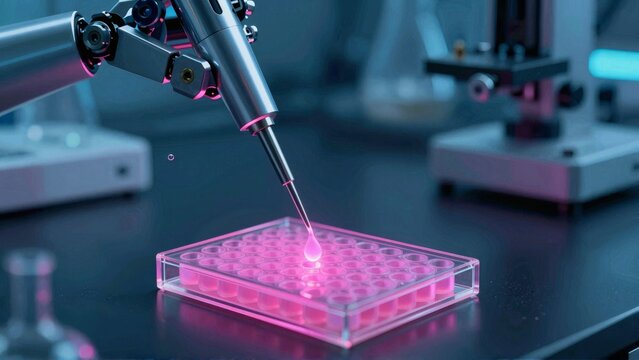 Robotic pipette dispensing liquid into microplate