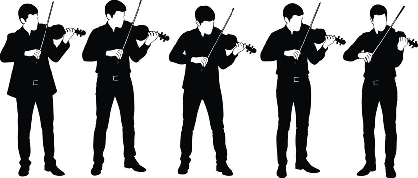 Professional Male Violinist Silhouettes Collection, Classical Musician Poses, Violin Player Figures, Orchestral Performance Set, Artistic String Instrument Graphics for Design Projects.