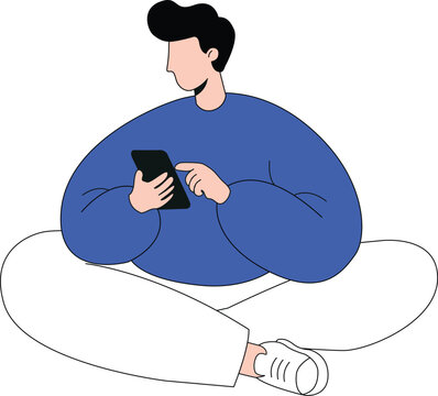 Relaxed young man sitting cross-legged using smartphone