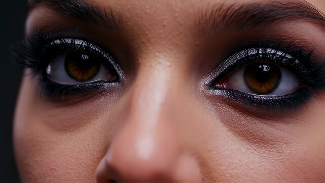 Close-up of a woman's face with dramatic eye makeup, featuring intense, amber-hued eyes and dark, defined lashes