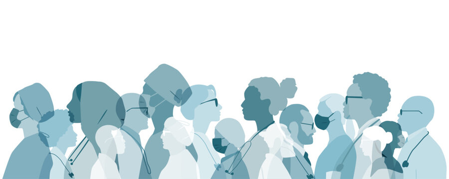 Silhouettes of different doctors and medical professionals together.