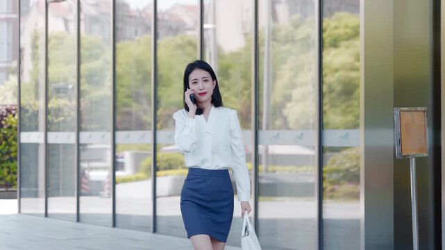 Cheerful young professional businesswoman answer the phone and walking confidently in bright glass office corridor space with panoramic city views and contemporary interior design