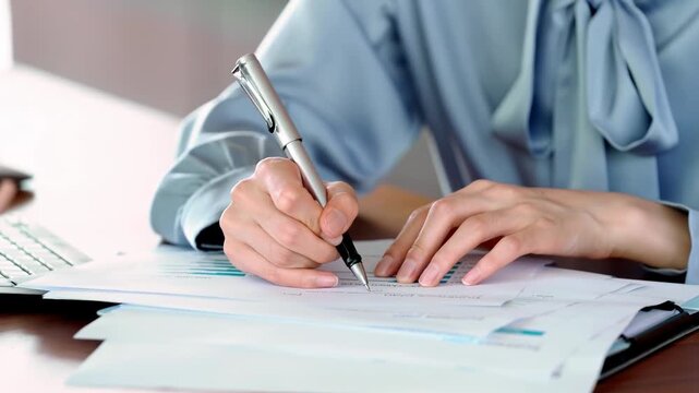 Young concentrated businesswoman financial data documents with charts analyzing carefully reviewing complex reports meticulously taking handwritten notes while displaying strategic workplace expertise
