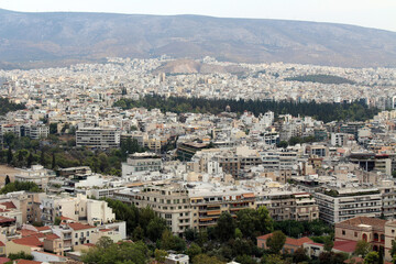 Fototapeta premium Athens Cityscape from Acropolis Hill August 2024 Dense urban buildings and white houses Athens
