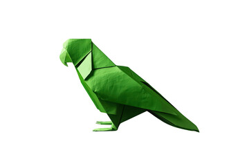 Fototapeta premium Green origami parrot representing creativity and artistic hobby, standing on transparent background