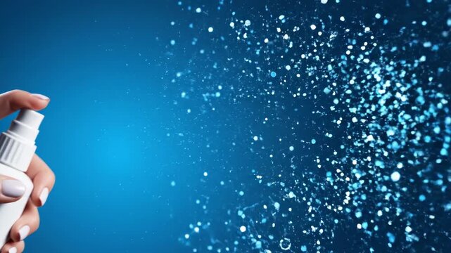 Hand holding sanitizer spray bottle dispensing liquid droplets against gradient blue background for hygiene and cleanliness applications