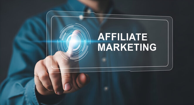 A man in a blue shirt interacts with a glowing affiliate marketing button on a transparent screen.