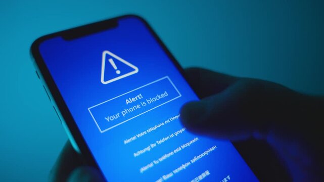 Close up on smartphone screen alert device blocked by hacker or malware app. Person holding mobile in dark blue room when message appear on digital display alerting message. Blocked by remote access