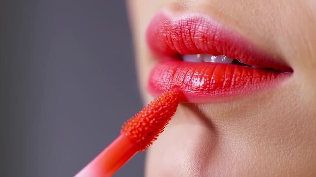 Close-up of woman's lips with vibrant red lipstick being applied