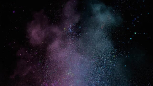 Vibrant purple and blue smoke bursts explode in space
