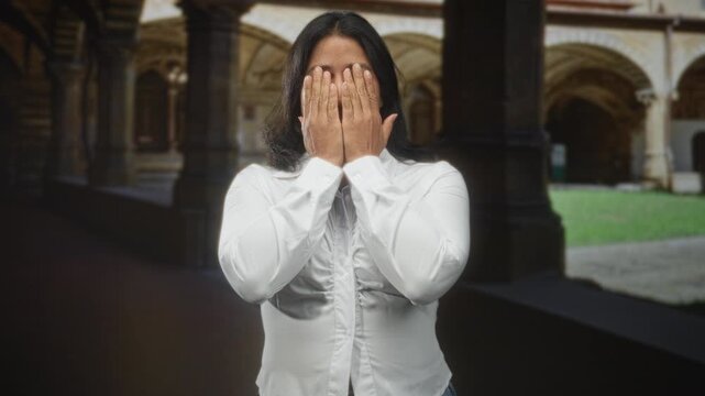 Woman covering eyes with hands in building courtyard wearing white shirt and standing centered in cloister; shyness vulnerability.