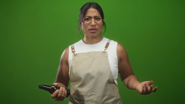 Woman holding beer bottle and raising middle finger in studio green screen, wearing apron and glasses; anger defiance.