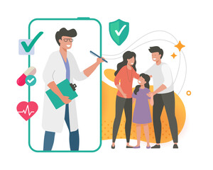 Fototapeta premium Telemedicine mobile phone service vector with doctor remotely consult family patients graphic modern illustration, smartphone screen medical personal healthcare virtual online treatment video call app