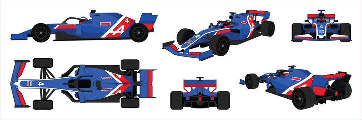 Fototapeta premium Multiple Views of a Blue and Red Formula 1 Race Car on a White Background